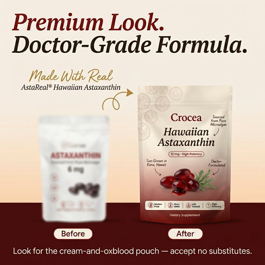 Advertisement for Crocea Hawaiian Astaxanthin dietary supplement packages with text highlighting 'Premium Look' and 'Doctor-Grade Formula'.