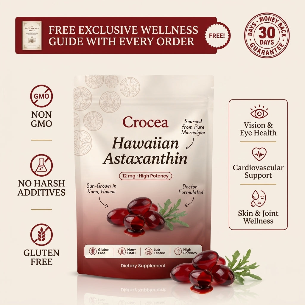 Crocea Hawaiian Astaxanthin dietary supplement packaging with promotional text on a beige background