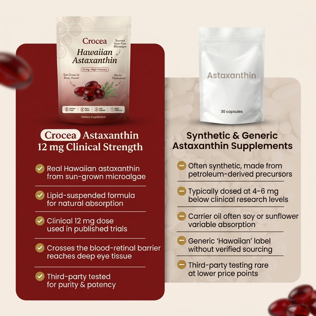 Comparison of Crocea Astaxanthin and synthetic/generic Astaxanthin supplements on a beige background.