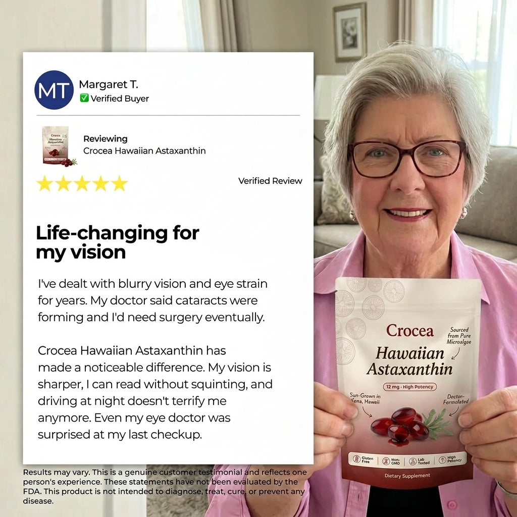 Woman holding a supplement package with a review on the left side.