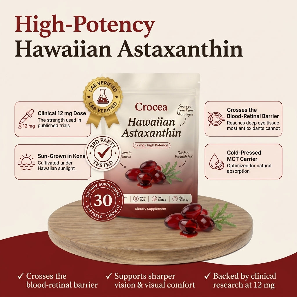 Crocea Hawaiian Astaxanthin supplement packaging with features and benefits on a beige background
