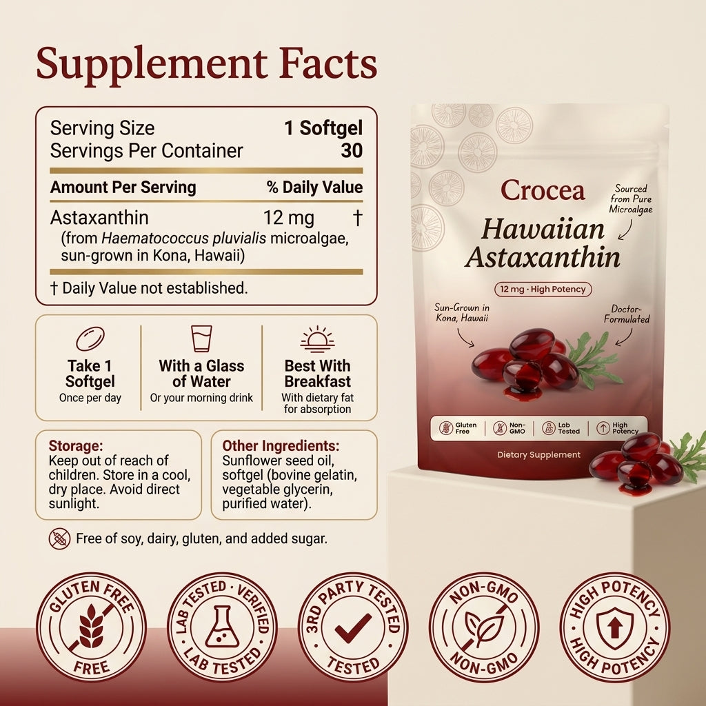 Crocea Hawaiian Astaxanthin supplement packaging with label and product details on a beige background