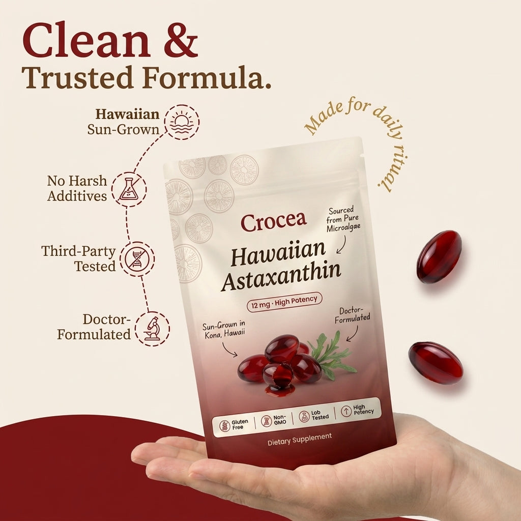 Crocea Hawaiian Astaxanthin dietary supplement package held in a hand with product details on a beige background.